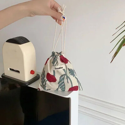 Geantă de machiaj drăguță Cadou de Crăciun Organizator de bijuterii din bumbac lenjerie florală Geantă de depozitare cu șnur pentru femei Geantă de depozitare pentru finisare