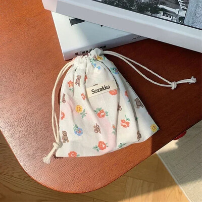 Geantă de machiaj drăguță Cadou de Crăciun Organizator de bijuterii din bumbac lenjerie florală Geantă de depozitare cu șnur pentru femei Geantă de depozitare pentru finisare