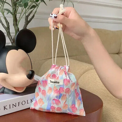 Geantă de machiaj drăguță Cadou de Crăciun Organizator de bijuterii din bumbac lenjerie florală Geantă de depozitare cu șnur pentru femei Geantă de depozitare pentru finisare