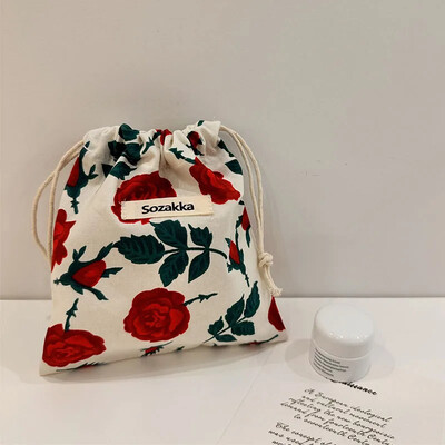 Geantă de machiaj drăguță Cadou de Crăciun Organizator de bijuterii din bumbac lenjerie florală Geantă de depozitare cu șnur pentru femei Geantă de depozitare pentru finisare
