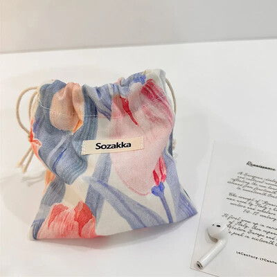 Geantă de machiaj drăguță Cadou de Crăciun Organizator de bijuterii din bumbac lenjerie florală Geantă de depozitare cu șnur pentru femei Geantă de depozitare pentru finisare