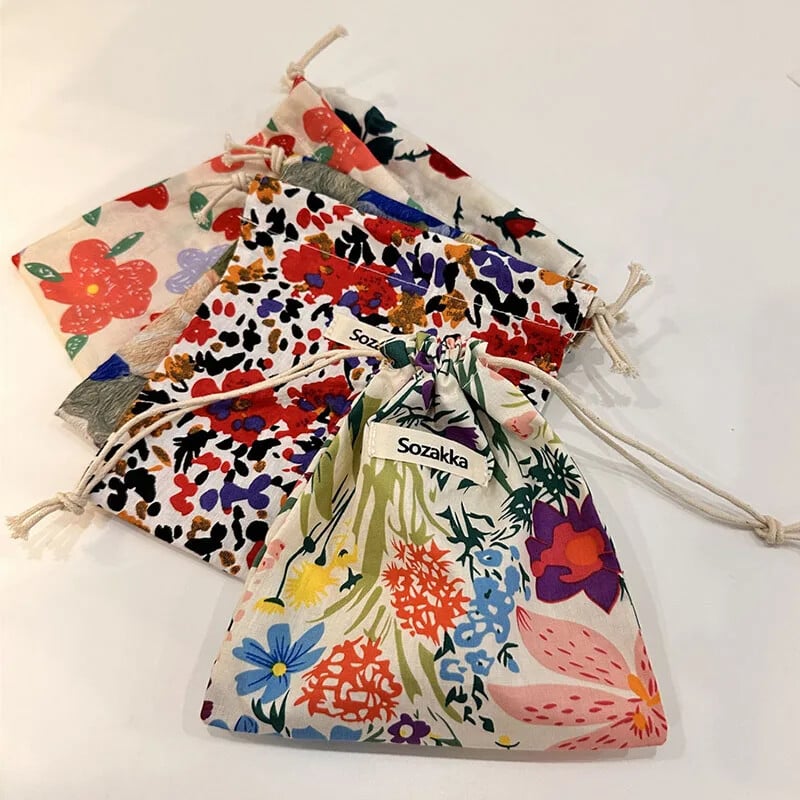 Geantă de machiaj drăguță Cadou de Crăciun Organizator de bijuterii din bumbac lenjerie florală Geantă de depozitare cu șnur pentru femei Geantă de depozitare pentru finisare