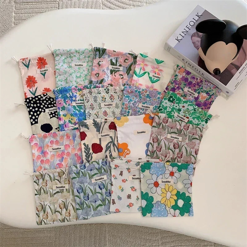 Geantă de machiaj drăguță Cadou de Crăciun Organizator de bijuterii din bumbac lenjerie florală Geantă de depozitare cu șnur pentru femei Geantă de depozitare pentru finisare