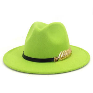 QBHAT Trend Vīrieši Sieviešu vilnas filcs Panamas cepure Fedora cepures ar metāla lapām Ādas josla Jazz Trilby cepure balta zaļa dzeltena cepures