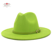 Moda cu cataramă de curea verde lime Decor Lână artificială Pălării Jazz Fedora Femei Bărbați Plată cu boruri mari Panama Cowboy Cap L XL