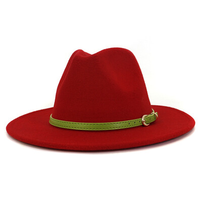 Moda cu cataramă de curea verde lime Decor Lână artificială Pălării Jazz Fedora Femei Bărbați Plată cu boruri mari Panama Cowboy Cap L XL