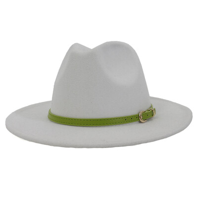 Moda cu cataramă de curea verde lime Decor Lână artificială Pălării Jazz Fedora Femei Bărbați Plată cu boruri mari Panama Cowboy Cap L XL