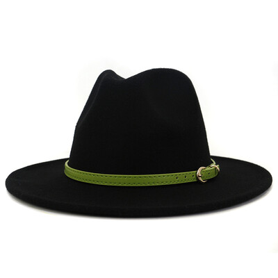 Moda cu cataramă de curea verde lime Decor Lână artificială Pălării Jazz Fedora Femei Bărbați Plată cu boruri mari Panama Cowboy Cap L XL