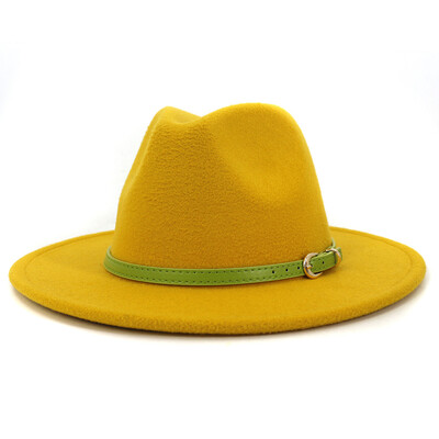 Moda cu cataramă de curea verde lime Decor Lână artificială Pălării Jazz Fedora Femei Bărbați Plată cu boruri mari Panama Cowboy Cap L XL