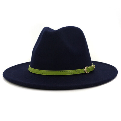 Moda cu cataramă de curea verde lime Decor Lână artificială Pălării Jazz Fedora Femei Bărbați Plată cu boruri mari Panama Cowboy Cap L XL