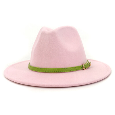 Moda cu cataramă de curea verde lime Decor Lână artificială Pălării Jazz Fedora Femei Bărbați Plată cu boruri mari Panama Cowboy Cap L XL