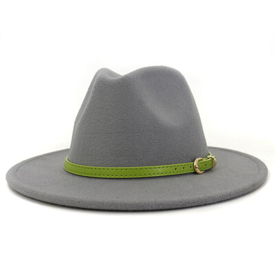 Moda cu cataramă de curea verde lime Decor Lână artificială Pălării Jazz Fedora Femei Bărbați Plată cu boruri mari Panama Cowboy Cap L XL