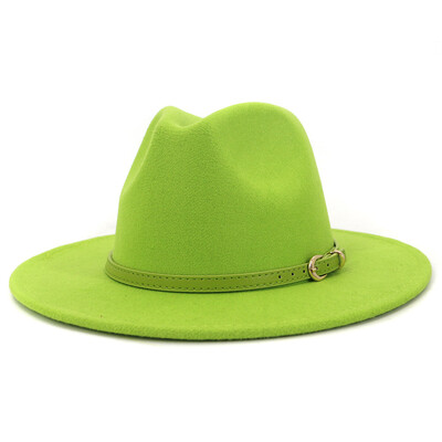 Moda cu cataramă de curea verde lime Decor Lână artificială Pălării Jazz Fedora Femei Bărbați Plată cu boruri mari Panama Cowboy Cap L XL