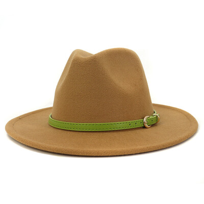 Moda cu cataramă de curea verde lime Decor Lână artificială Pălării Jazz Fedora Femei Bărbați Plată cu boruri mari Panama Cowboy Cap L XL