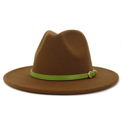 Moda cu cataramă de curea verde lime Decor Lână artificială Pălării Jazz Fedora Femei Bărbați Plată cu boruri mari Panama Cowboy Cap L XL