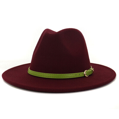 Moda cu cataramă de curea verde lime Decor Lână artificială Pălării Jazz Fedora Femei Bărbați Plată cu boruri mari Panama Cowboy Cap L XL