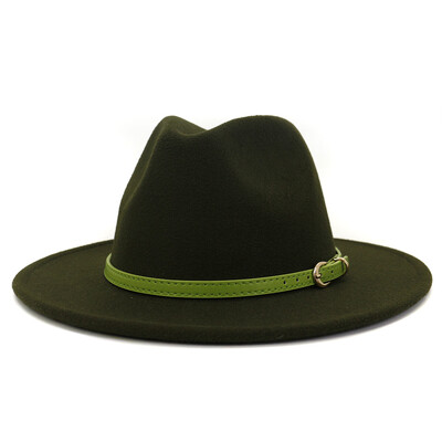 Moda cu cataramă de curea verde lime Decor Lână artificială Pălării Jazz Fedora Femei Bărbați Plată cu boruri mari Panama Cowboy Cap L XL
