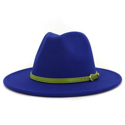 Moda cu cataramă de curea verde lime Decor Lână artificială Pălării Jazz Fedora Femei Bărbați Plată cu boruri mari Panama Cowboy Cap L XL