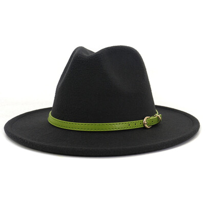 Moda cu cataramă de curea verde lime Decor Lână artificială Pălării Jazz Fedora Femei Bărbați Plată cu boruri mari Panama Cowboy Cap L XL