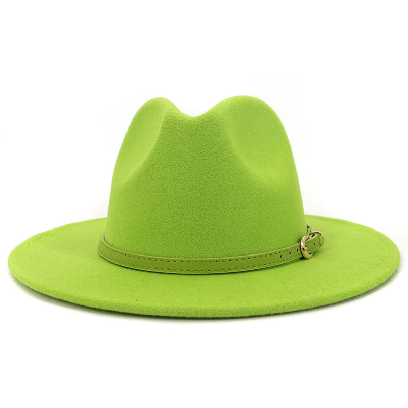 Moda cu cataramă de curea verde lime Decor Lână artificială Pălării Jazz Fedora Femei Bărbați Plată cu boruri mari Panama Cowboy Cap L XL