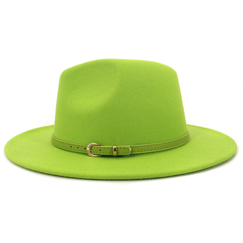 Moda cu cataramă de curea verde lime Decor Lână artificială Pălării Jazz Fedora Femei Bărbați Plată cu boruri mari Panama Cowboy Cap L XL