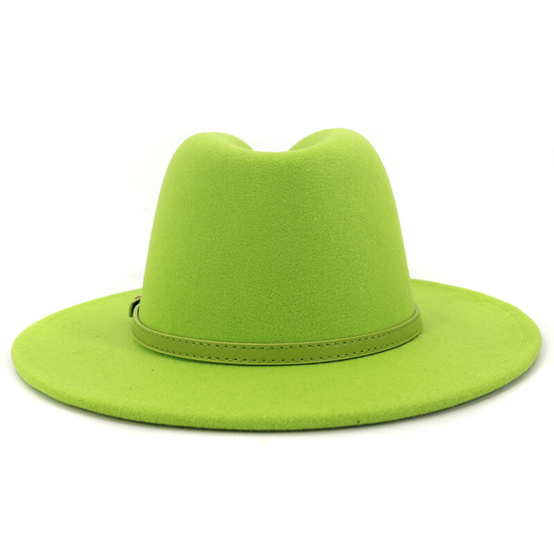 Moda cu cataramă de curea verde lime Decor Lână artificială Pălării Jazz Fedora Femei Bărbați Plată cu boruri mari Panama Cowboy Cap L XL