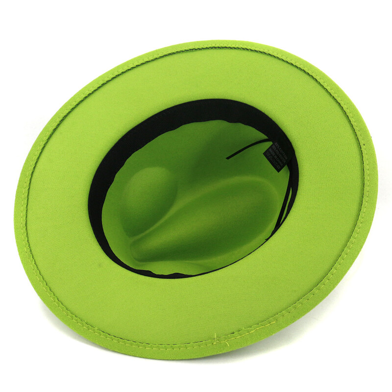 Moda cu cataramă de curea verde lime Decor Lână artificială Pălării Jazz Fedora Femei Bărbați Plată cu boruri mari Panama Cowboy Cap L XL