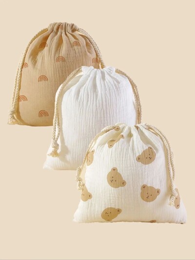 3 bucăți pentru cărucior din muselină din bumbac, buzunar pentru agățat, prosop pentru bebeluși, husă pentru scutece, saci de depozitare cu șnur pentru bebeluși