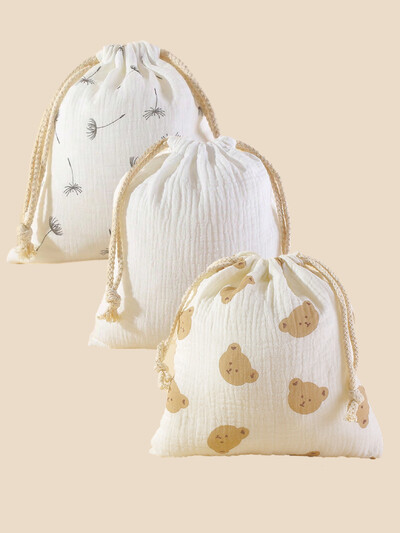 3 bucăți pentru cărucior din muselină din bumbac, buzunar pentru agățat, prosop pentru bebeluși, husă pentru scutece, saci de depozitare cu șnur pentru bebeluși