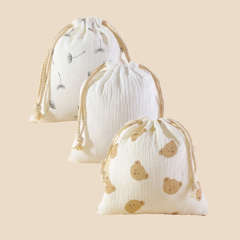 3 bucăți pentru cărucior din muselină din bumbac, buzunar pentru agățat, prosop pentru bebeluși, husă pentru scutece, saci de depozitare cu șnur pentru bebeluși