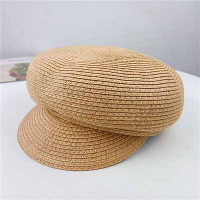 Дамски летни шапки с пръстени, едноцветна обикновена сламена осмоъгълна шапка Дамски ежедневни шапки за вестникарски слънчеви шапки Британска барета Женска шапка за художник