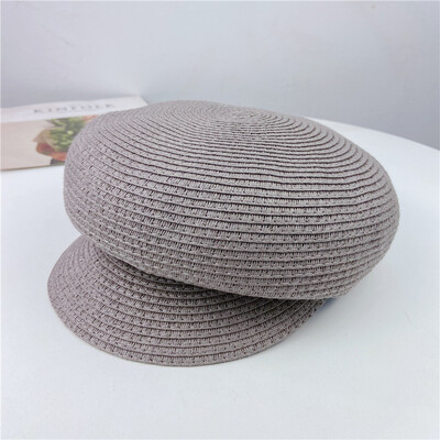 Дамски летни шапки с пръстени, едноцветна обикновена сламена осмоъгълна шапка Дамски ежедневни шапки за вестникарски слънчеви шапки Британска барета Женска шапка за художник