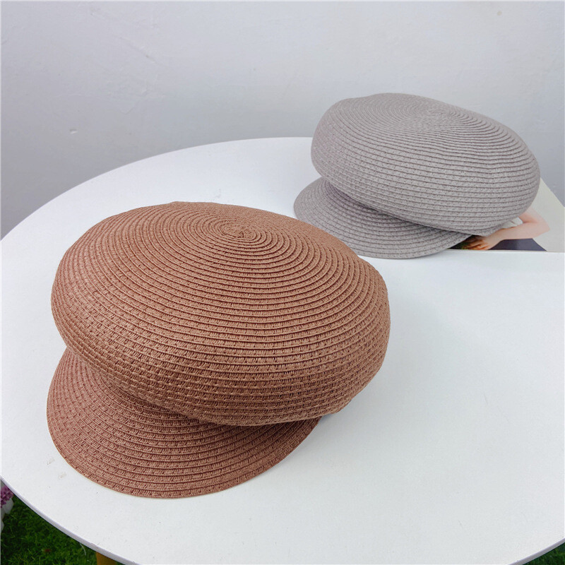Дамски летни шапки с пръстени, едноцветна обикновена сламена осмоъгълна шапка Дамски ежедневни шапки за вестникарски слънчеви шапки Британска барета Женска шапка за художник