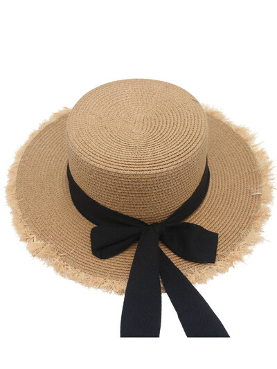 2025 Summer Lady Beach Plat Top Cap Boater Femei Culoare Solidă Bord Plat Umbra Pălărie de Paie cu Panglică Neagră Pălării de Soare Fahsion