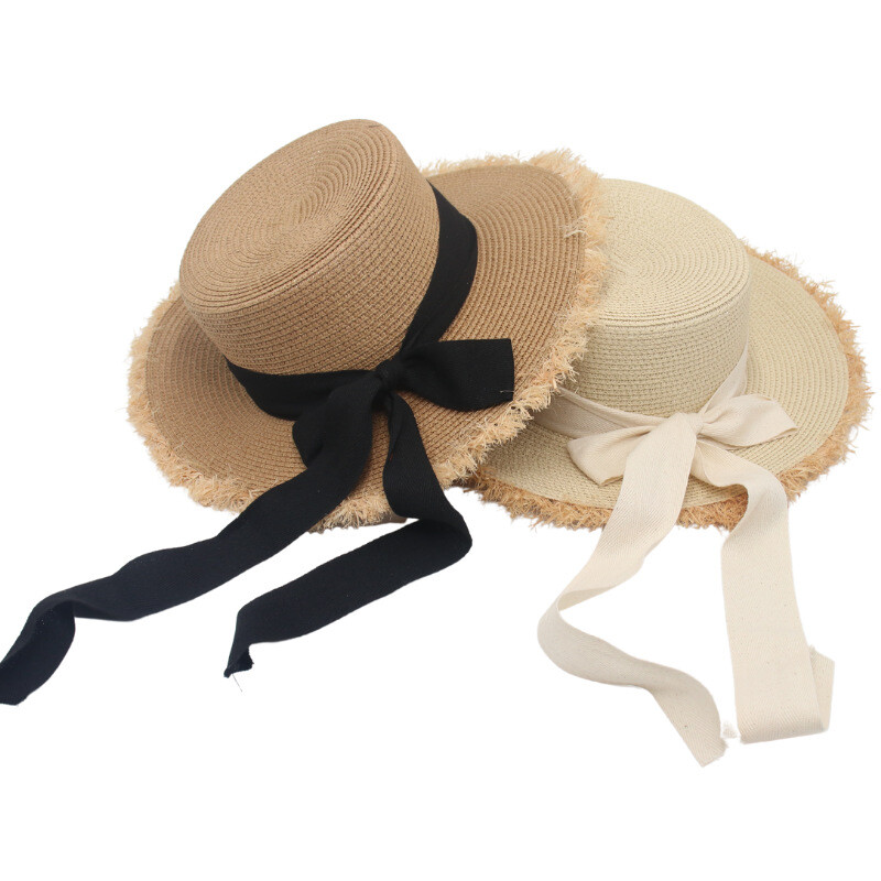 2025 Summer Lady Beach Plat Top Cap Boater Femei Culoare Solidă Bord Plat Umbra Pălărie de Paie cu Panglică Neagră Pălării de Soare Fahsion
