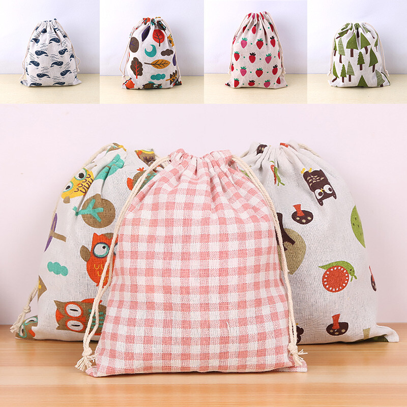 Geantă din țesătură din bumbac, in, geantă cu șnur, drăguț cu imprimeu cu animale, pentru copii, din pânză de călătorie, pantofi, geantă de depozitare, geantă pentru machiaj, geantă cadou de Crăciun
