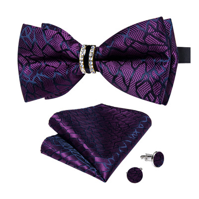 Papion de lux pentru bărbați, negru, solid, cu decor cu jumătate de inel cu diamante, set de butoni de buzunar pătrat