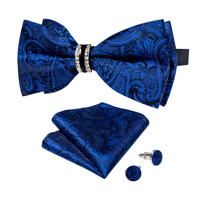 Papion de lux pentru bărbați, negru, solid, cu decor cu jumătate de inel cu diamante, set de butoni de buzunar pătrat