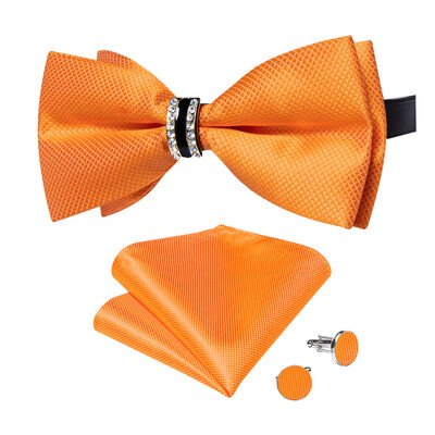 Papion de lux pentru bărbați, negru, solid, cu decor cu jumătate de inel cu diamante, set de butoni de buzunar pătrat