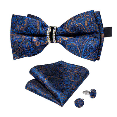 Papion de lux pentru bărbați, negru, solid, cu decor cu jumătate de inel cu diamante, set de butoni de buzunar pătrat