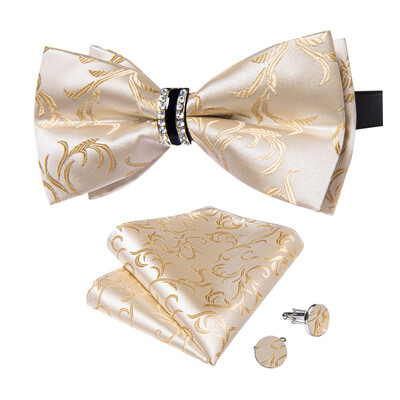 Papion de lux pentru bărbați, negru, solid, cu decor cu jumătate de inel cu diamante, set de butoni de buzunar pătrat