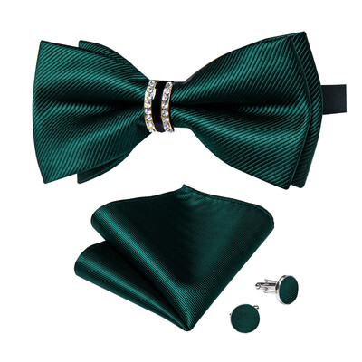 Papion de lux pentru bărbați, negru, solid, cu decor cu jumătate de inel cu diamante, set de butoni de buzunar pătrat