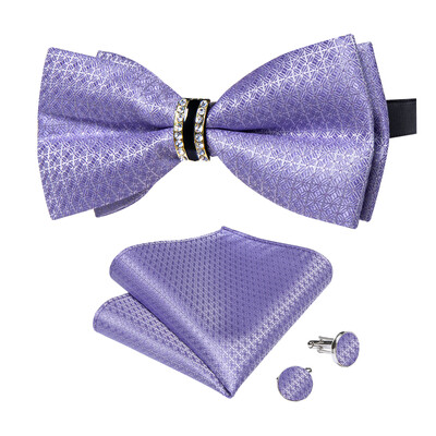 Papion de lux pentru bărbați, negru, solid, cu decor cu jumătate de inel cu diamante, set de butoni de buzunar pătrat