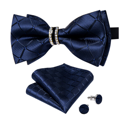 Papion de lux pentru bărbați, negru, solid, cu decor cu jumătate de inel cu diamante, set de butoni de buzunar pătrat