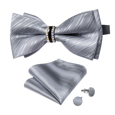 Papion de lux pentru bărbați, negru, solid, cu decor cu jumătate de inel cu diamante, set de butoni de buzunar pătrat