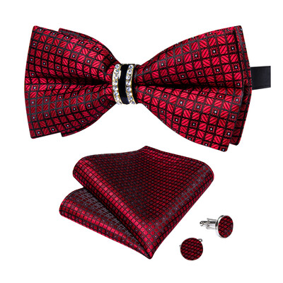 Papion de lux pentru bărbați, negru, solid, cu decor cu jumătate de inel cu diamante, set de butoni de buzunar pătrat