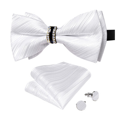 Papion de lux pentru bărbați, negru, solid, cu decor cu jumătate de inel cu diamante, set de butoni de buzunar pătrat