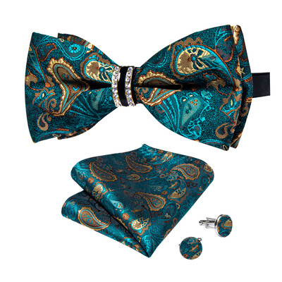 Papion de lux pentru bărbați, negru, solid, cu decor cu jumătate de inel cu diamante, set de butoni de buzunar pătrat