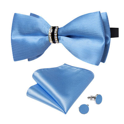 Papion de lux pentru bărbați, negru, solid, cu decor cu jumătate de inel cu diamante, set de butoni de buzunar pătrat