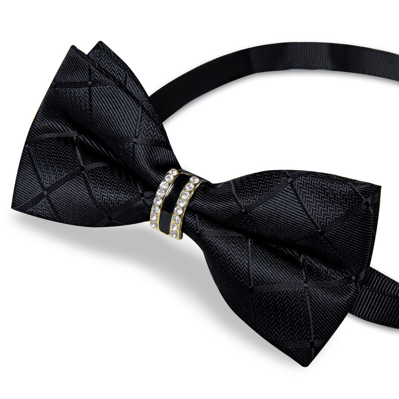 Papion de lux pentru bărbați, negru, solid, cu decor cu jumătate de inel cu diamante, set de butoni de buzunar pătrat